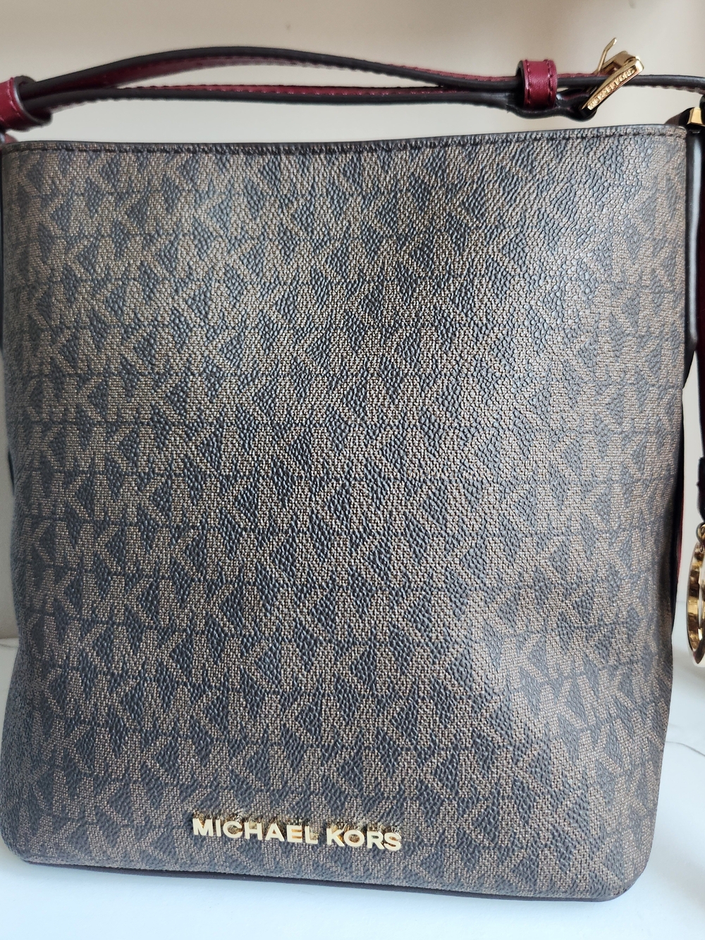 Michael Kors Brown Signature Shoulder Bag with Burgundy Trim